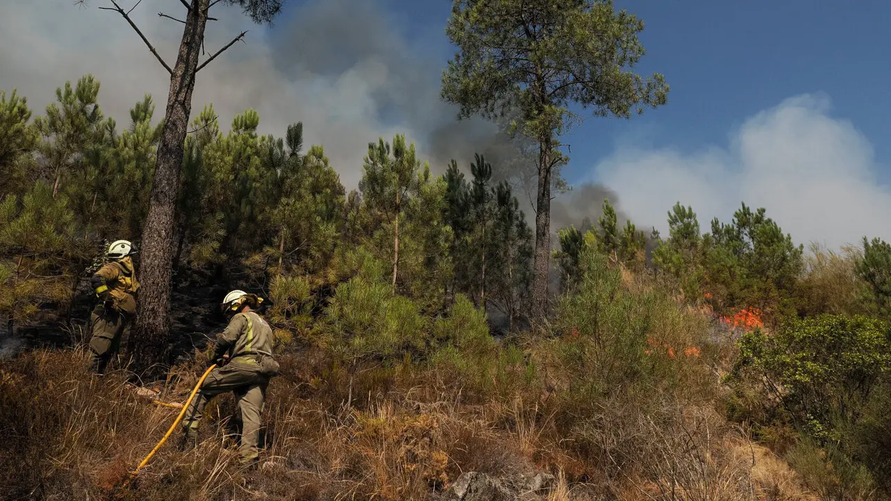 Bomberos forestales trabajando en la extinción del fuego en A Cova, en Carballedo. ELISEO TRIGO (EFE)
