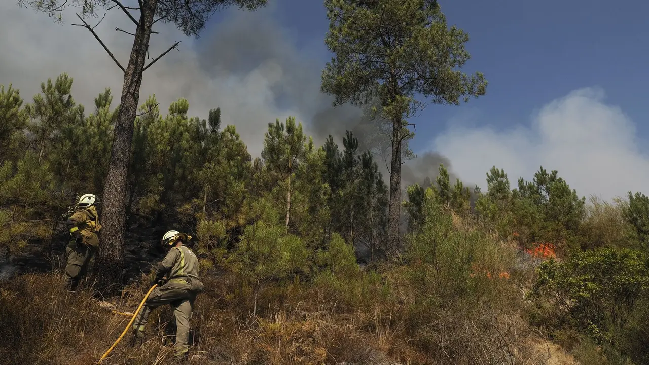Bomberos forestales, en el incendio de Carballedo. ELISEO TRIGO
