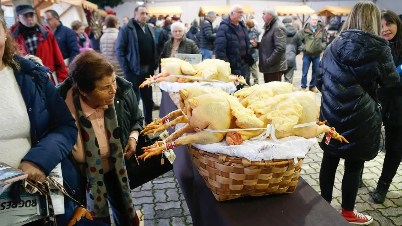 Varias personas observan los capones durante una edición pasada de la Feira do Capón. CARLOS CASTRO (EUROPA PRESS)