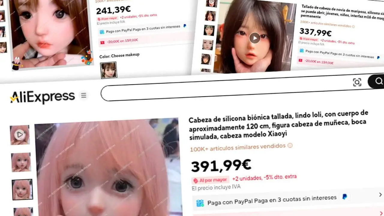 Capturas de pantalla de algunas de las ofertas de muñecas sexuales con aspecto de niña comercializadas en AliExpress. FACUA